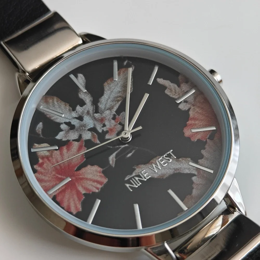 Nine West Womens Floral Dial Black Leather Strap Watch New Silver Tone‎ Steel